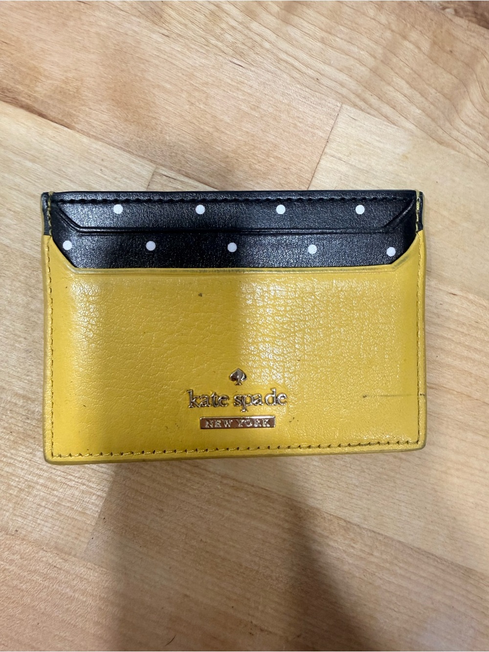 kate spade Yellow Leather Card Holder with Black Polka Dot Trim